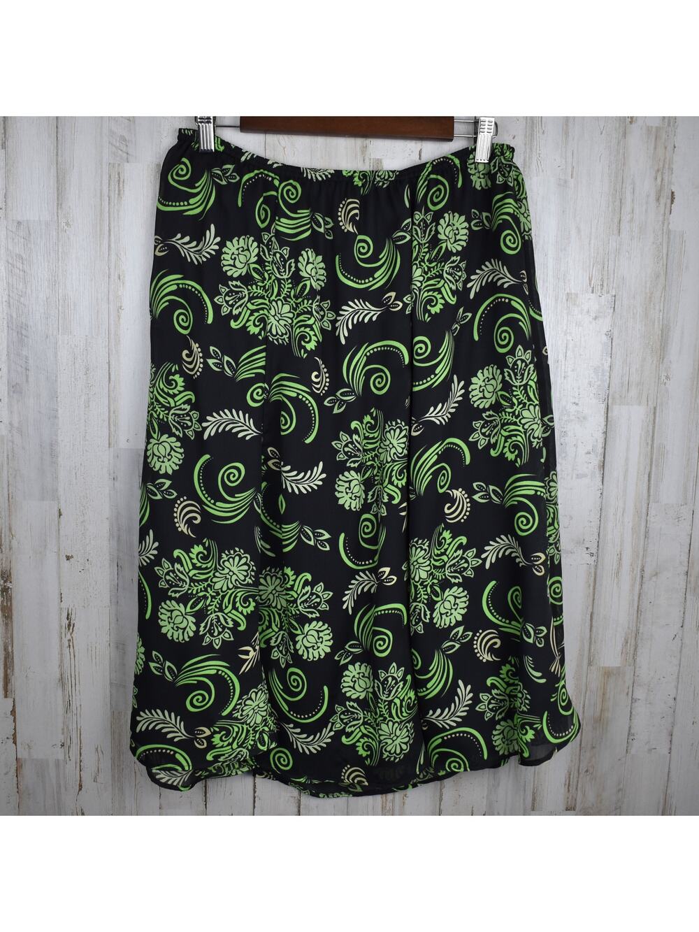 Vintage Y2K Midi Skirt Size 14 Black Green Floral Drapey Fairy Whimsigoth Grunge